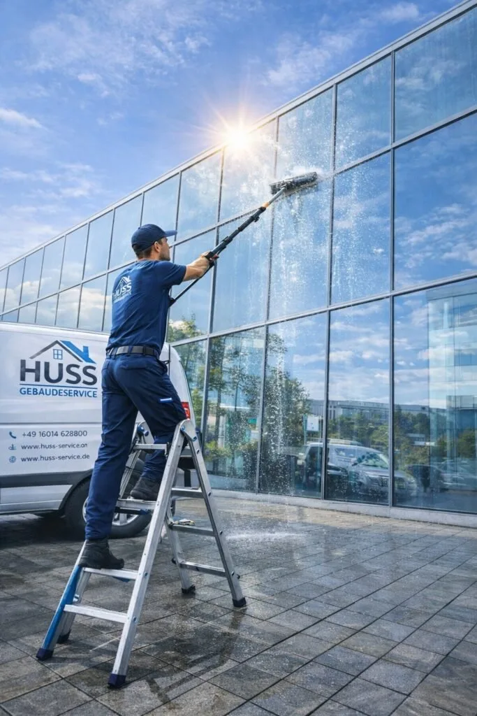 Fensterreinigung an einer Glasfassade